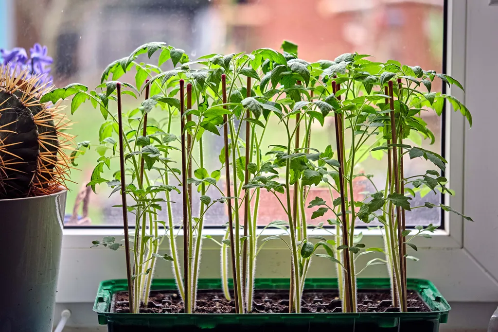 Junge Tomatenpflanzen in einer grünen Anzuchtschale am Fenster, daneben ein Kaktus im Topf, im sanften Tageslicht.