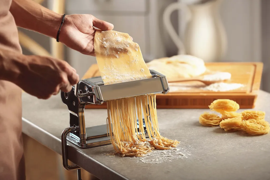 Eine Person, die mit einer Nudelmaschine auf einer Küchenarbeitsplatte frischen Spaghettiteig ausrollt und zuschneidet.