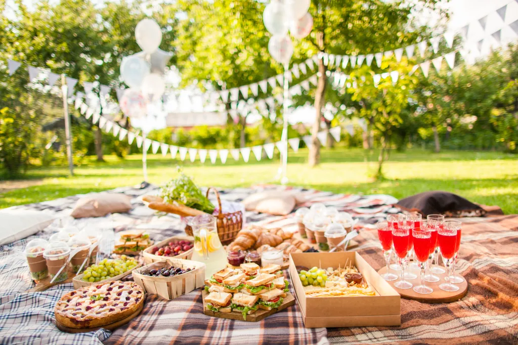 Eine reich gedeckte Picknickdecke mit Speisen, Kissen und Dekoration