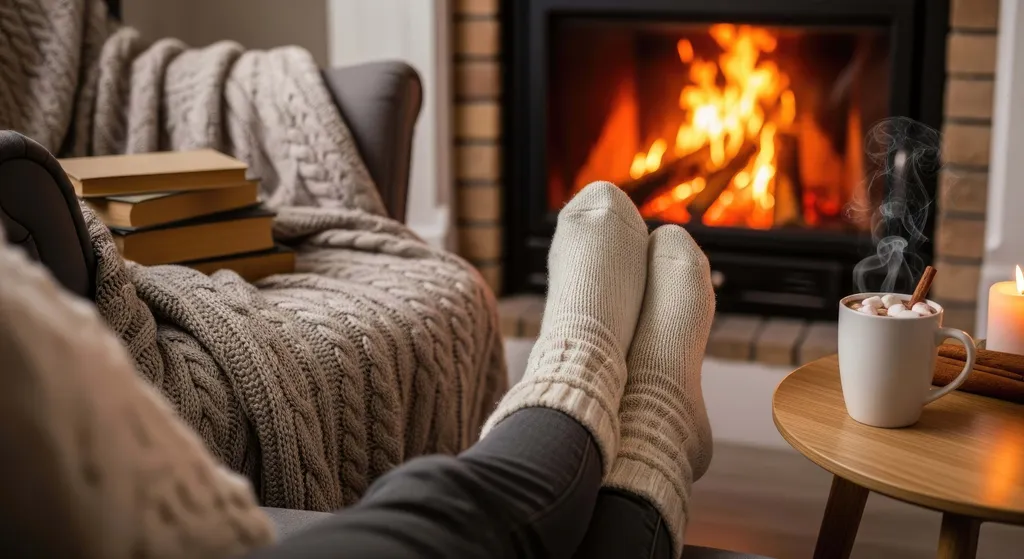 ine gemütliche Szene mit Füßen in Wollsocken vor einem Kamin, Büchern auf einem Stuhl und einer dampfenden Tasse heißer Schokolade auf einem Holztisch.