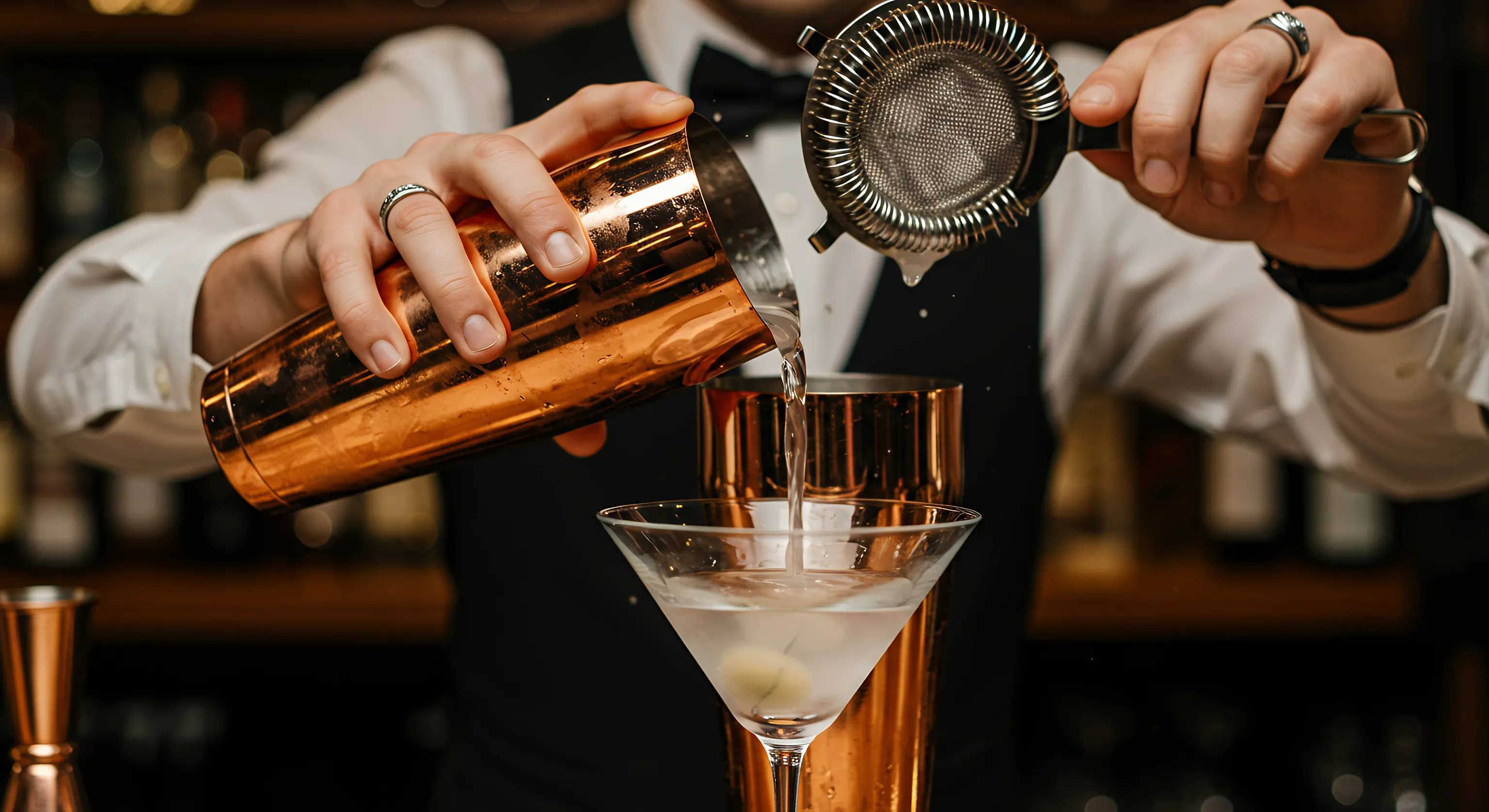 Ein Barkeeper im Anzug gießt mit Hilfe eines Cocktailsiebs einen Martini aus einem Kupferschüttler in ein Glas mit einer Olive.