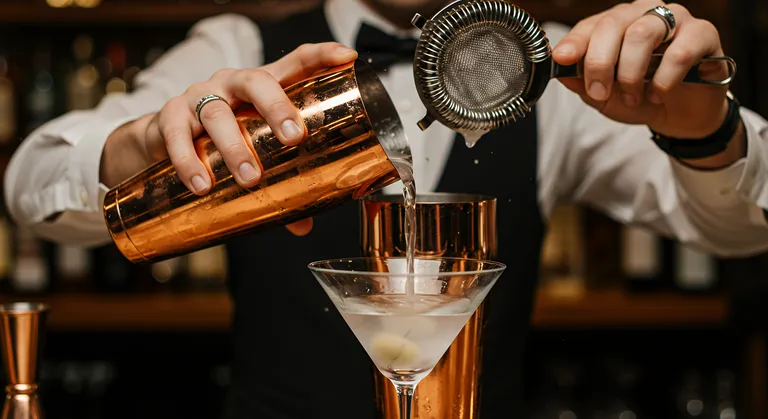 Ein Barkeeper im Anzug gießt mit Hilfe eines Cocktailsiebs einen Martini aus einem Kupferschüttler in ein Glas mit einer Olive.