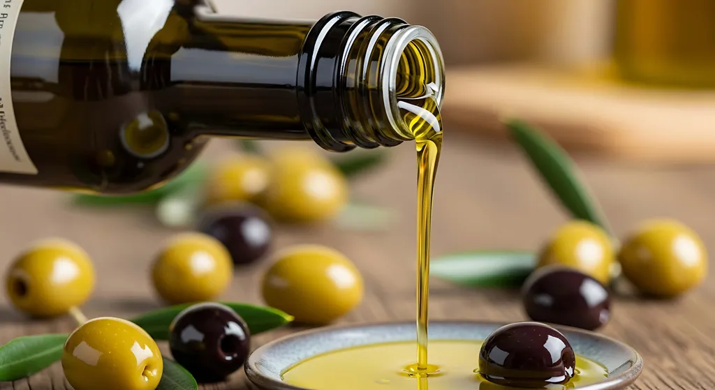 Grün-goldenes Olivenöl rinnt aus einem Flaschenhals