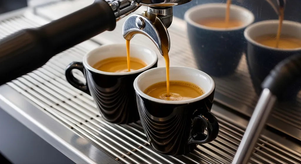 Frischer Espresso fließt aus einer Siebträgermaschine direkt in zwei Espressotassen