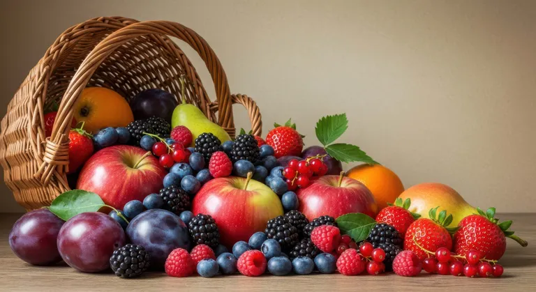 Auf einer Holzplatte quillt ein Weidenkorb über vor Äpfeln, Beeren, Orangen, Birnen und Pflaumen.