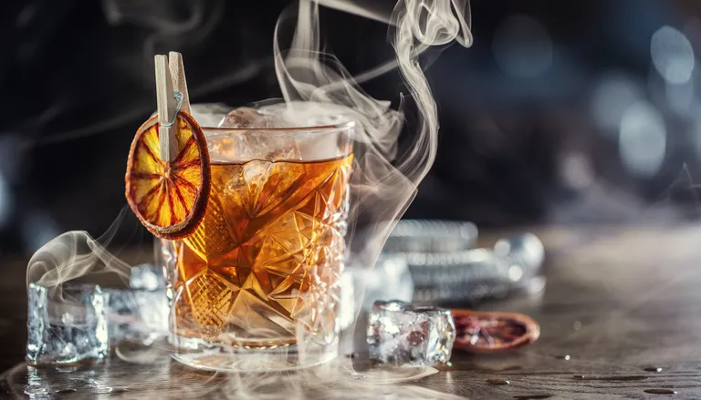 Ein rauchiger Rum-Cocktail, garniert mit einer getrockneten Orangenscheibe, serviert in einem strukturierten Glas, umgeben von Eiswürfeln auf einer Holzunterlage.