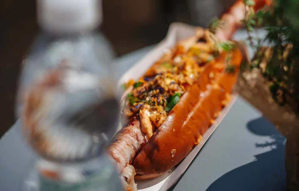Ein reichlich belegter Hotdog liegt in einer Papierschale auf einem Tisch neben einer verschwommenen Wasserflasche und einer Pflanze.