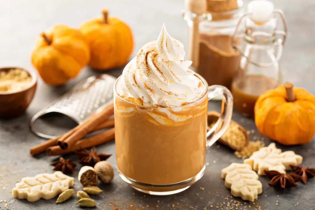Ein Pumpkin Spice Latte mit Schlagsahne, umgeben von Zimtstangen, Sternanis, Muskatnuss, Keksen und kleinen Kürbissen auf einem rustikalen Tisch.