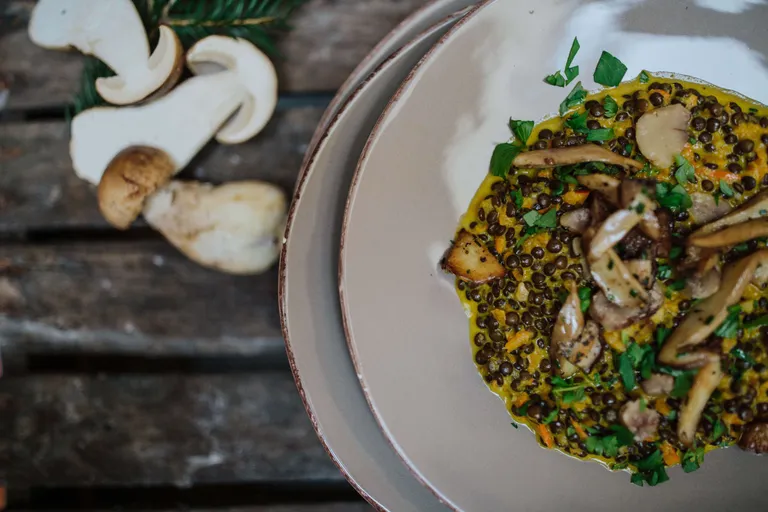 Cremiges Linsenragout mit gebratenen Waldpilzen und Kräutern