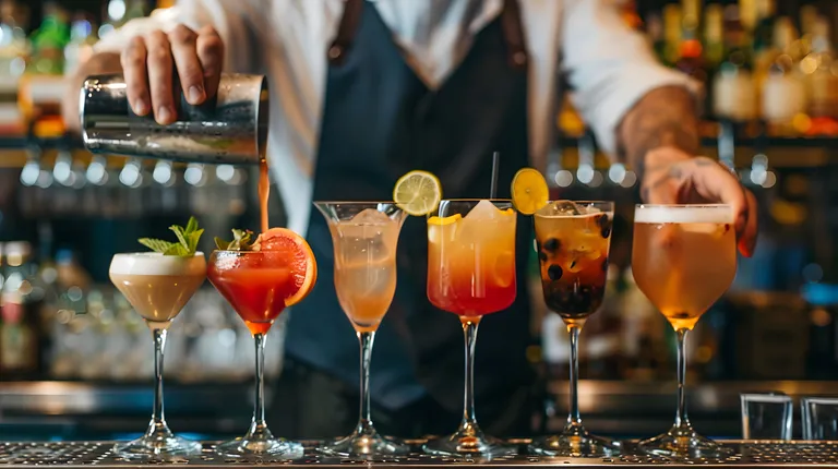 Ein Barkeeper gießt den Inhalt eines Cocktail-Shakers in ein Glas, umgeben von einer Vielzahl bunter Cocktails, die mit Früchten und Kräutern garniert sind und auf der Bartheke stehen.