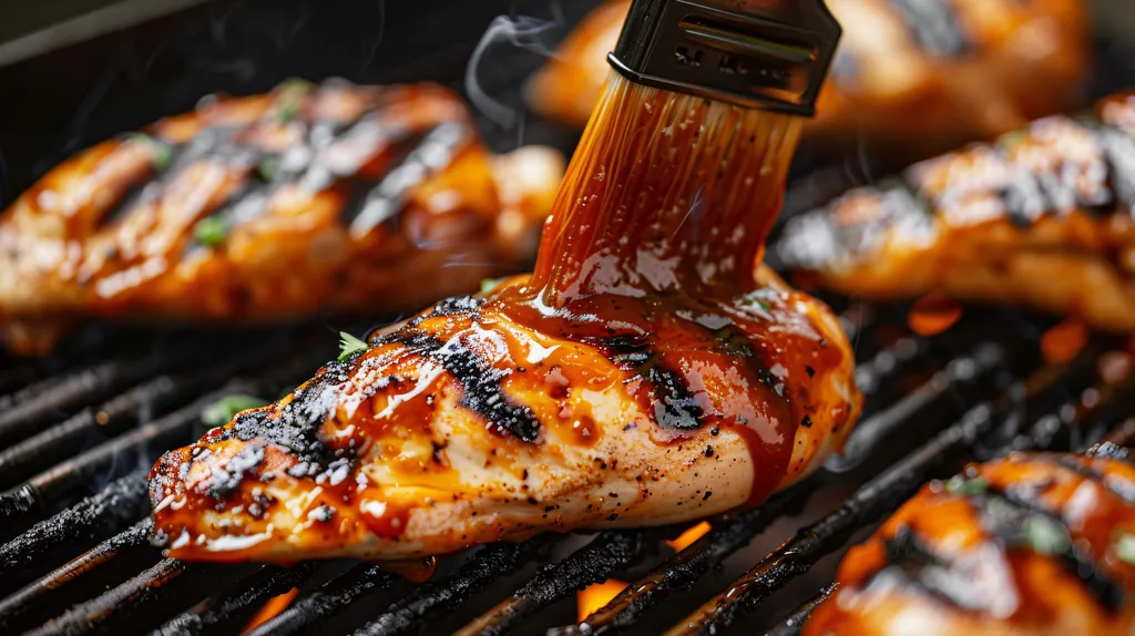 Auf einem heißen Grill wird gegrilltes Hähnchen mit Barbecue-Sauce bestrichen; Rauch und Grillstreifen sind zu sehen.