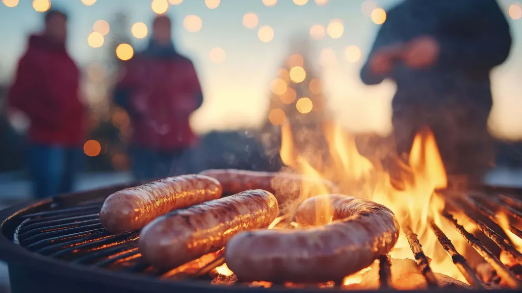 Bratwürste auf dem Grill über offenen Flammen bei winterlicher Outdoor-Atmosphäre