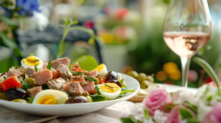 Ein Teller mit Salat, Thunfisch, gekochten Eiern, Oliven und Blattgemüse; im Hintergrund ein Glas Roséwein und rosa Blumen.