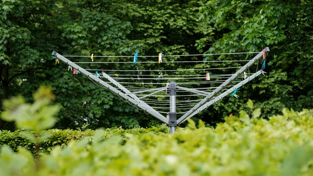 Wäschespinne mit Wäscheklammern im Garten vor grünem Baumbestand