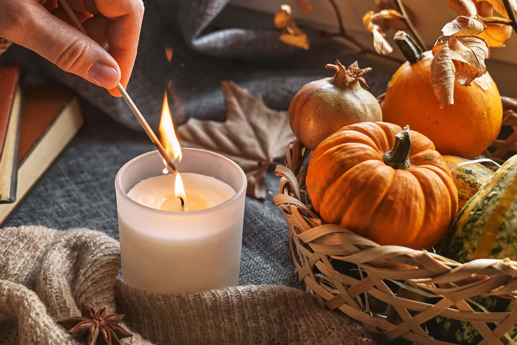 Herbstliche Dekoration mit Kürbissen, Kerze und warmen Wohnaccessoires