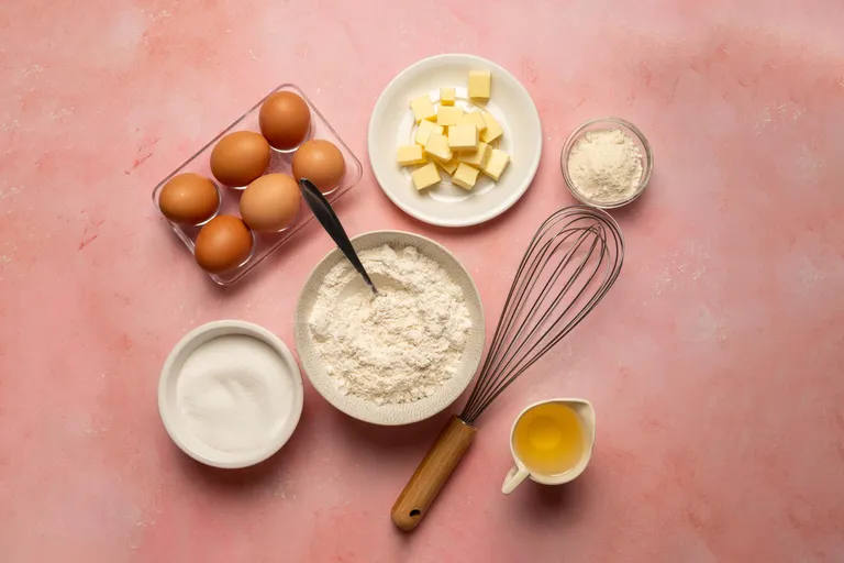 Verschiedene Backzutaten wie Mehl, Eier, Butter, Zucker und ein Schneebesen liegen auf einer rosa Arbeitsfläche.
