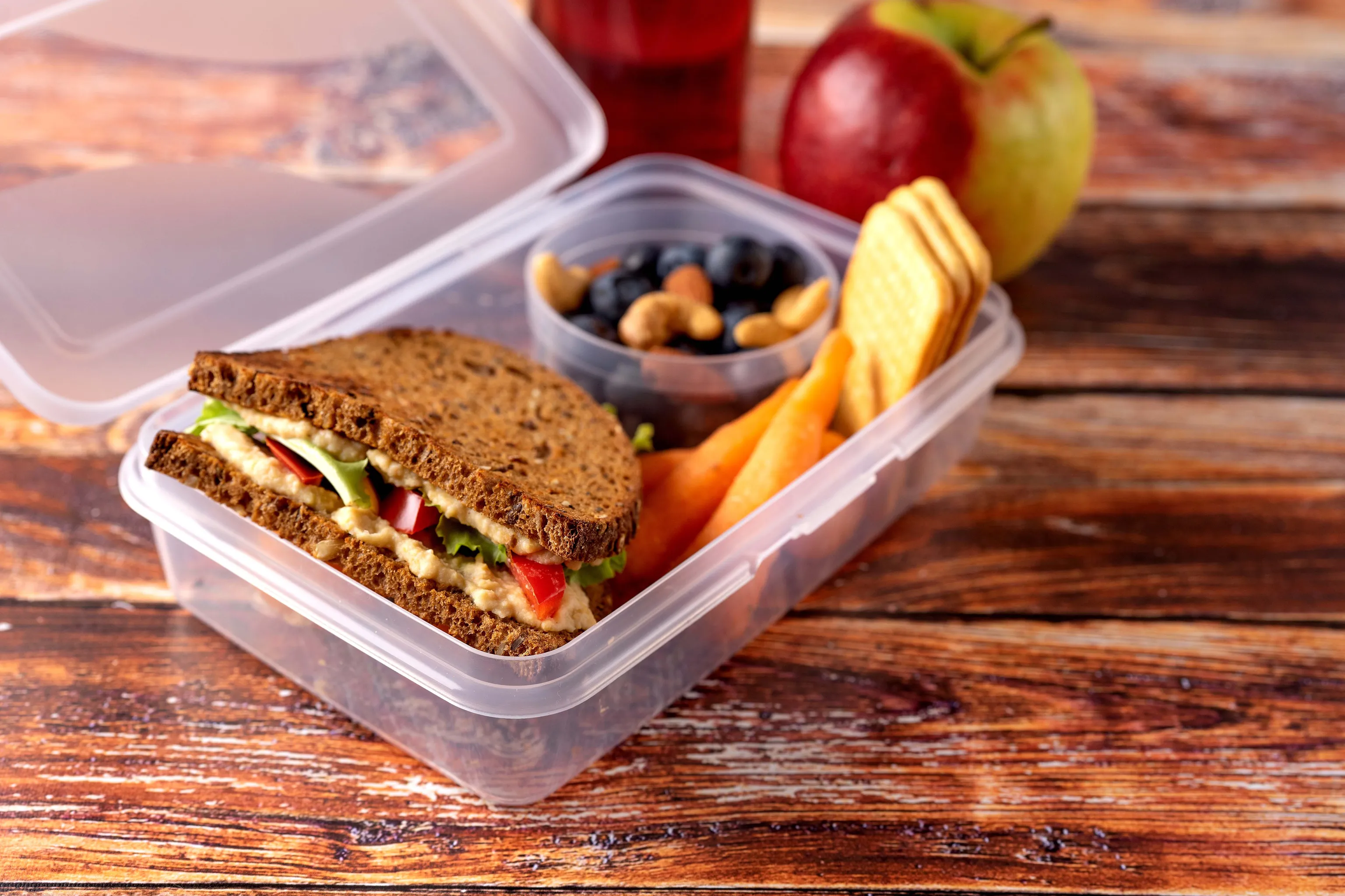 Brotdose mit Vollkorn-Sandwich, Heidelbeeren, Nüssen, Karotten und Apfel