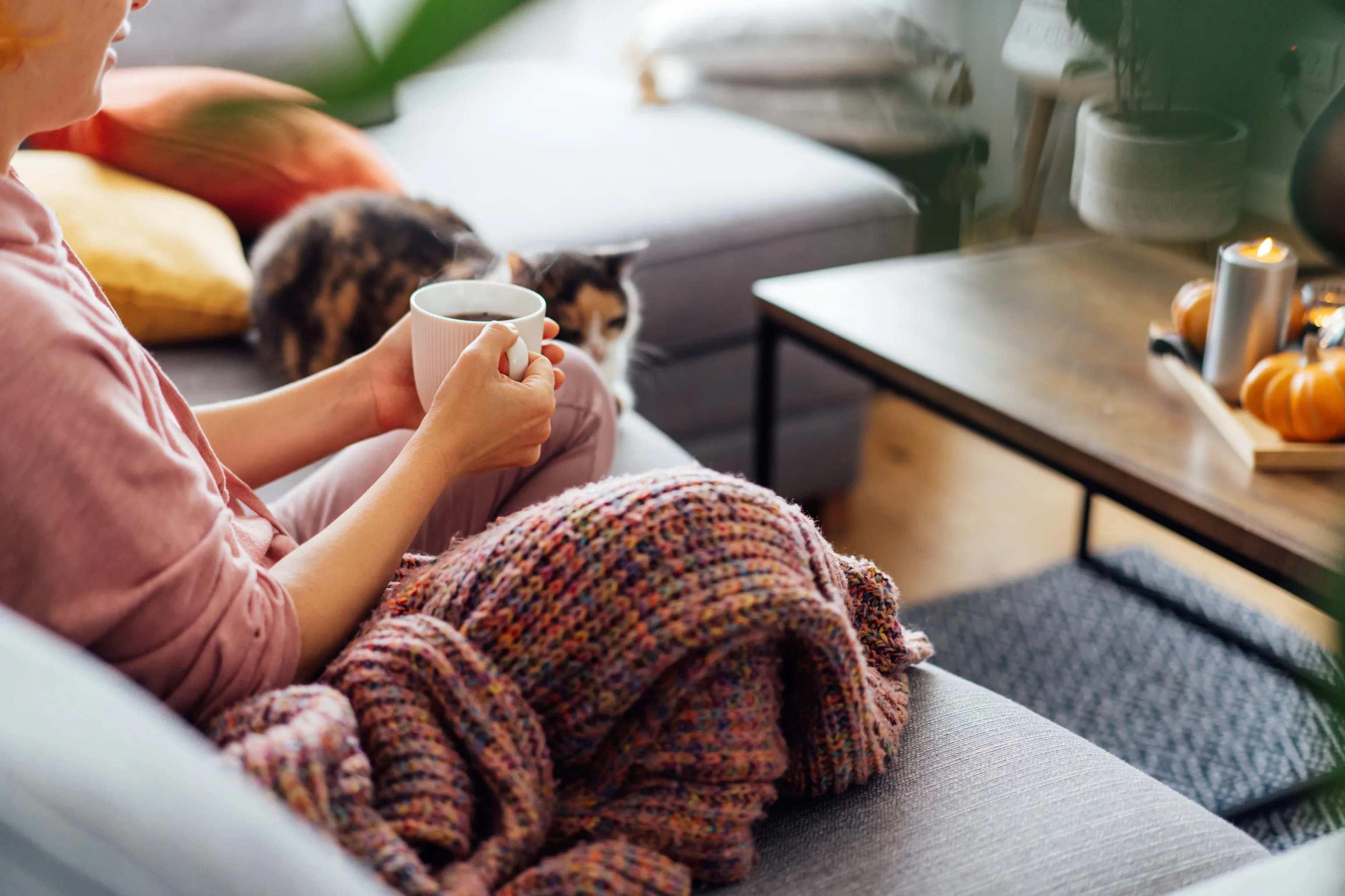 Eine Person sitzt mit einer Tasse auf dem Sofa und hat sich in eine Strickdecke gehüllt. In der Nähe ruht eine Katze, auf dem Tisch stehen Kerzen und Kürbisse.
