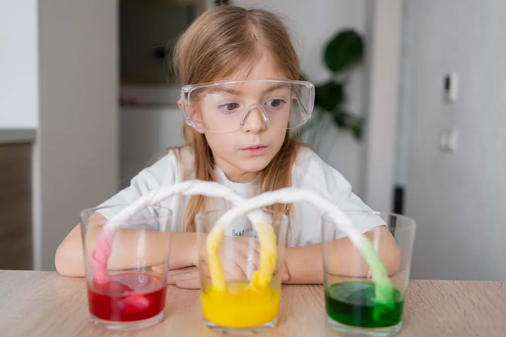 Mädchen mit Schutzbrille beobachtet ein Experiment mit drei Gläsern voller roter, gelber und grüner Flüssigkeit, die durch Küchenpapierstreifen miteinander verbunden sind