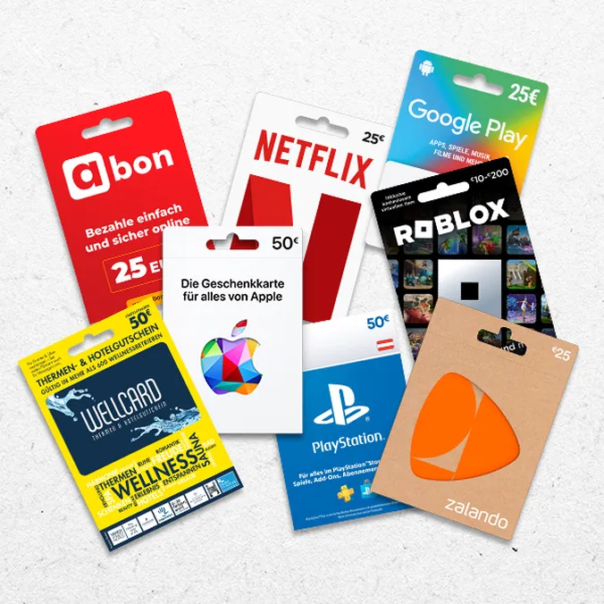 Eine Vielzahl an unterschiedlichen digitalen Gutscheinkarten, wie zum Beispiel Zalando, Wellcard, Sony Playstation, Google, Netflix und noch viele weitere.