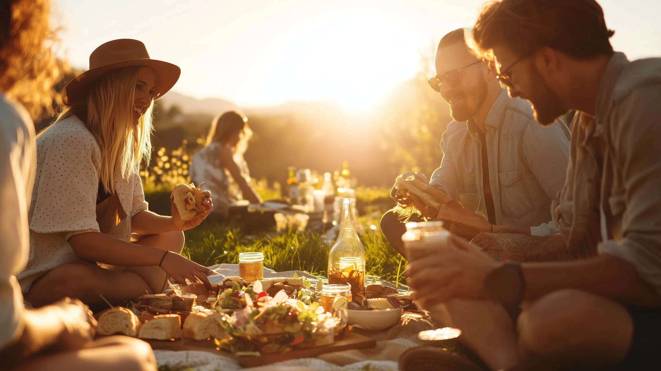 Freunde, die bei Sonnenuntergang ein Picknick genießen, auf dem Rasen sitzen, mit Essen und Getränken, lächelnd und sich unterhaltend in einer friedlichen Umgebung im Freien.