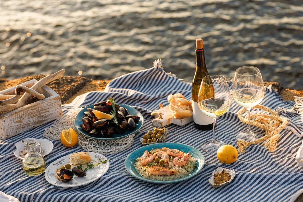 Picknick am Meer mit Meeresfrüchten, Brot, Oliven, Zitrone, einer Weinflasche und zwei Gläsern auf einer blau gestreiften Tischdecke am Wasser.