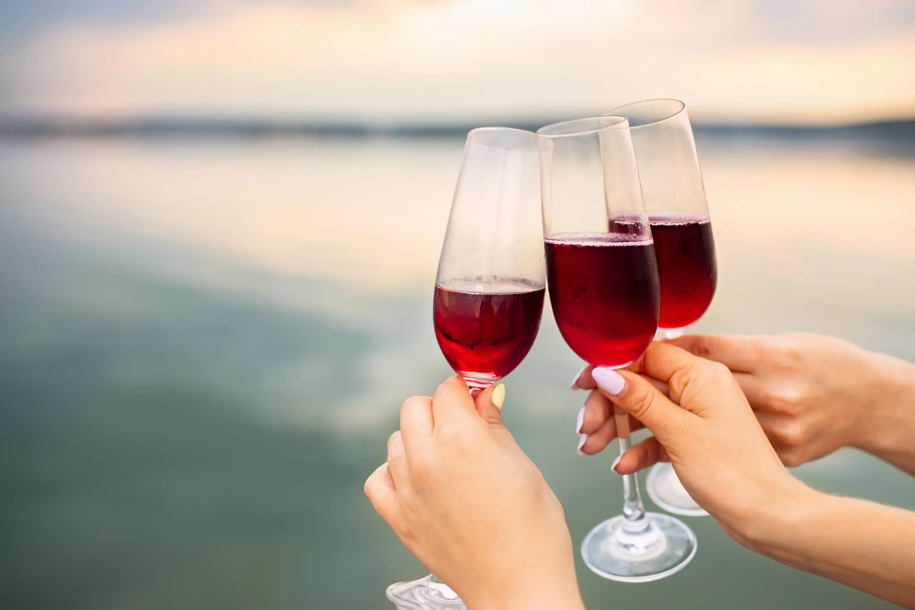 Drei Hände stoßen mit Gläsern Rotwein an, vor dem Hintergrund eines ruhigen Sees und eines sanften Abendhimmels.