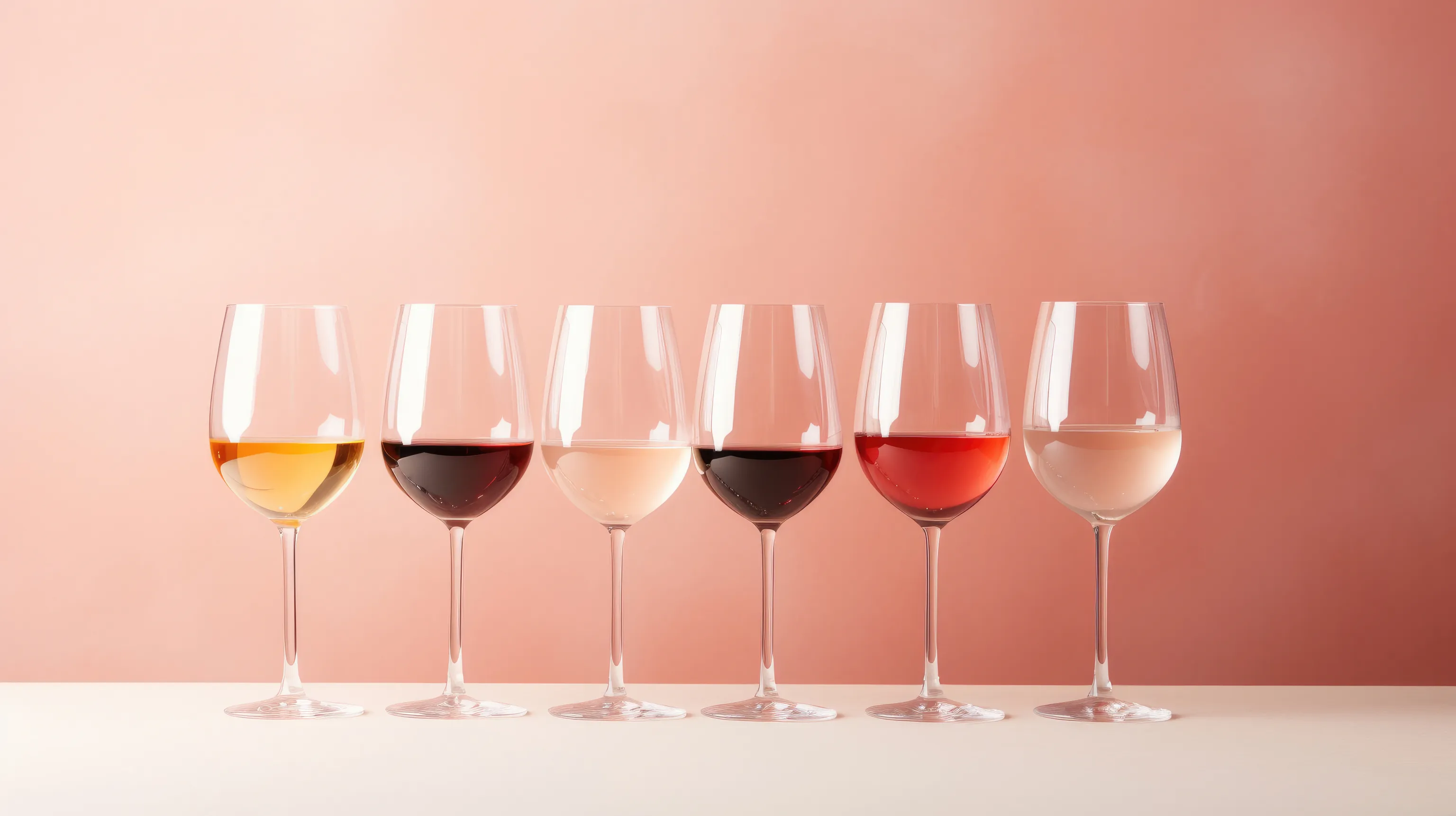 Sechs Weingläser gefüllt mit Wein in verschiedenen Farben stehen vor einem zartrosa Hintergrund in einer Reihe.