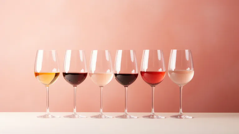 Sechs Weingläser gefüllt mit Wein in verschiedenen Farben stehen vor einem zartrosa Hintergrund in einer Reihe.