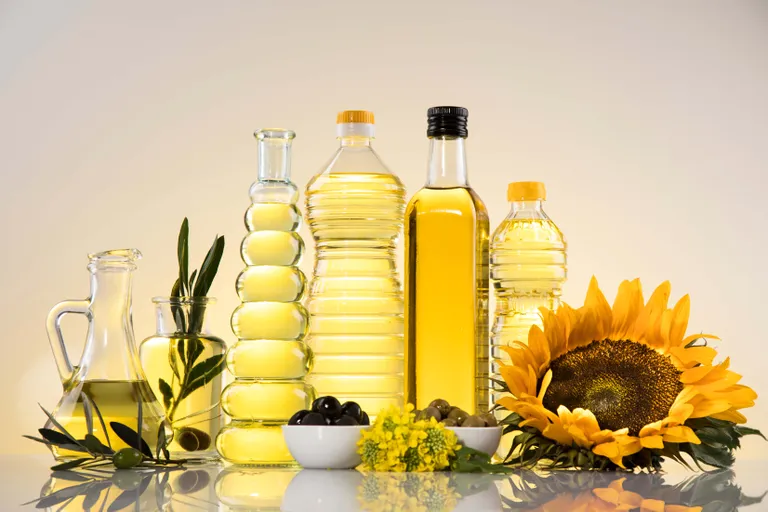 Verschiedene Ölflaschen, Oliven und eine Sonnenblume, arrangiert auf einer spiegelnden Oberfläche, zusammen mit Zweigen mit grünen Blättern und gelben Blüten.