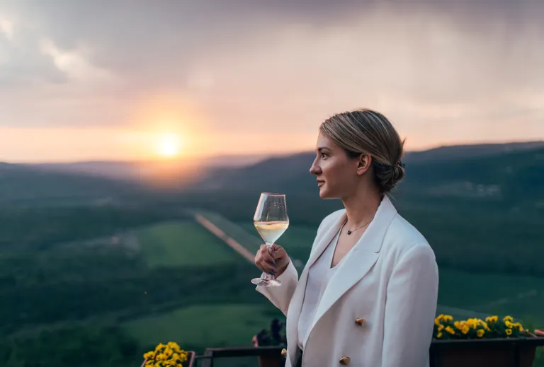 Eine Frau in einem weißen Blazer hält ein Glas Wein in der Hand und blickt auf den Sonnenuntergang über Hügeln und Feldern.