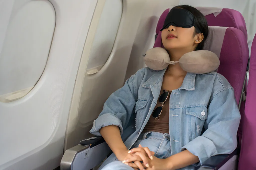 Junge Frau sitzt im Flugzeug mit Schlafmaske und Nackenkissen, am Schlafen