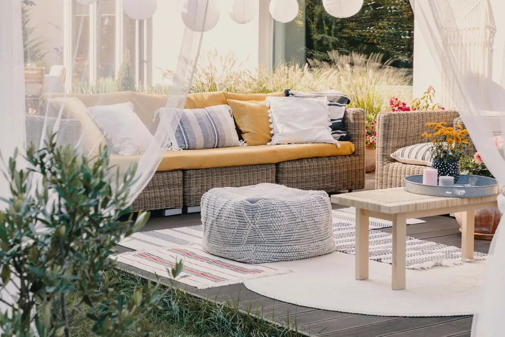 Eine gemütlich eingerichtete Terrasse mit Baldachin und Lampions