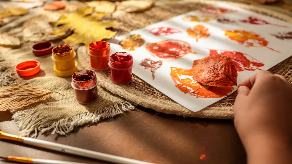 Eine Kinderhand stempelt Herbstblätter mit bunter Farbe auf Papier