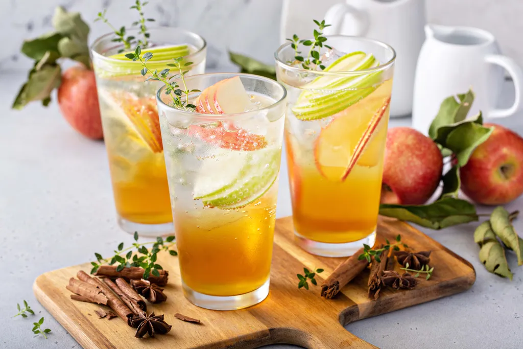 Erfrischender Tea-Spritz mit Apfelscheiben, Kräutern und Eiswürfeln