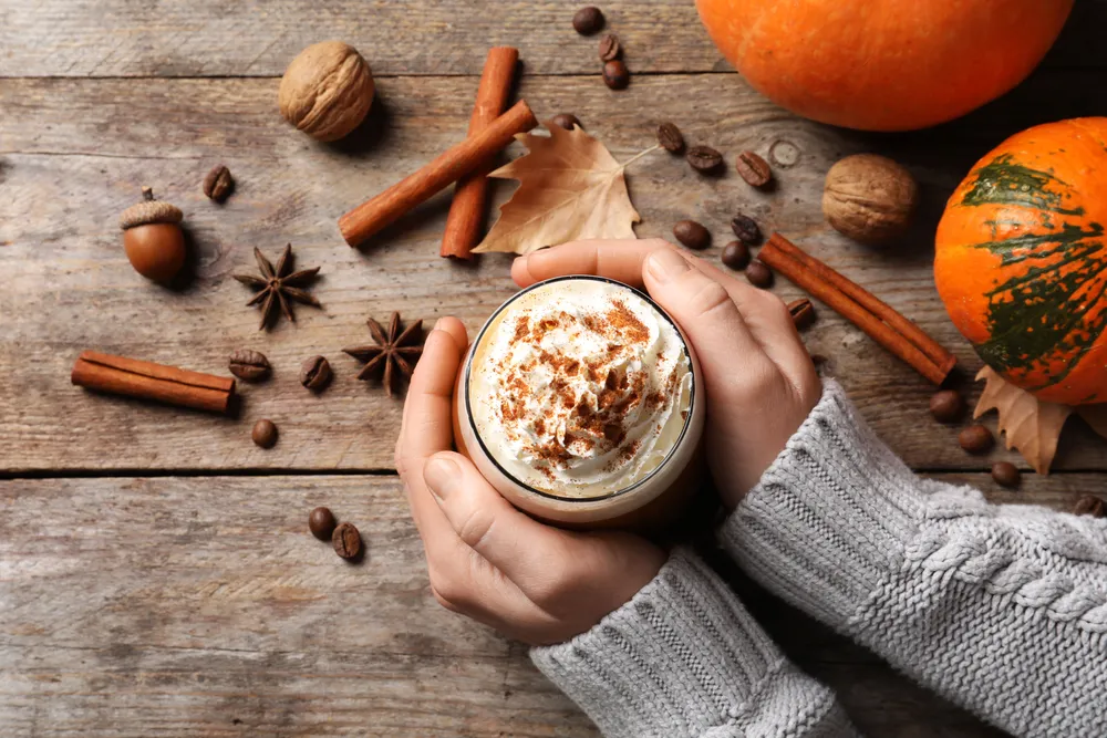 Die Händer einer Frau in einem grauen Strickpullover halten ein Glas voller Pumpkin Spice Latte mit Obershaube, brauntoniger Hintergrund mit Kürbis