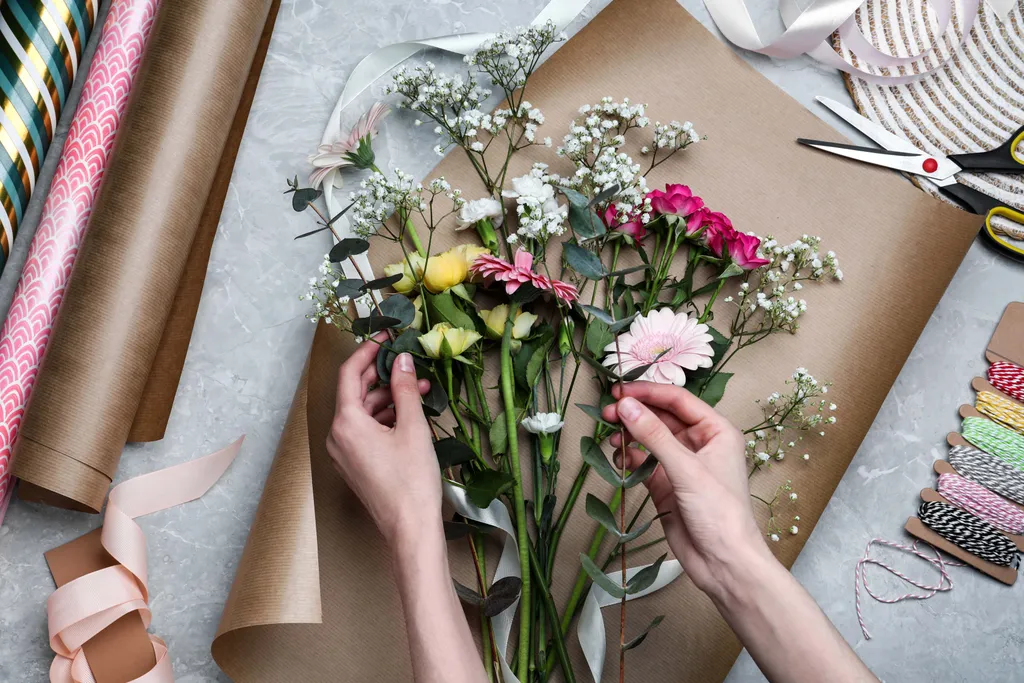 Zwei Hände packen Blumen in Kraftpapier