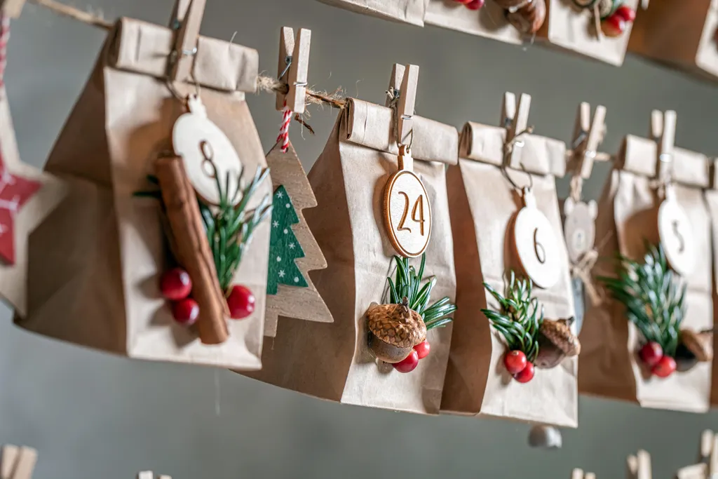 Ein Adventkalender vestehend aus Paiertüten auf einer Schnur mit Wäscheklammern befestigt