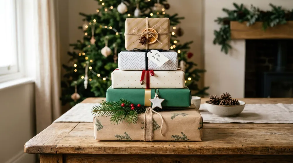 Auf einem Holztisch stehen übereinander gestapelte Geschenkboxen, die mit Tannenzweigen und Sternen geschmückt sind, vor einem beleuchteten Weihnachtsbaum.