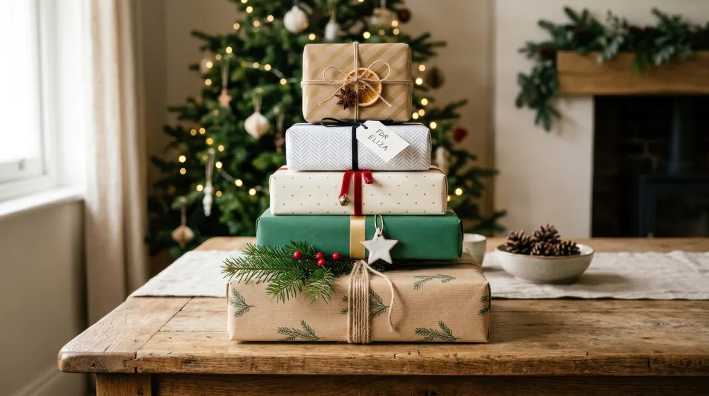 Auf einem Holztisch stehen übereinander gestapelte Geschenkboxen, die mit Tannenzweigen und Sternen geschmückt sind, vor einem beleuchteten Weihnachtsbaum.