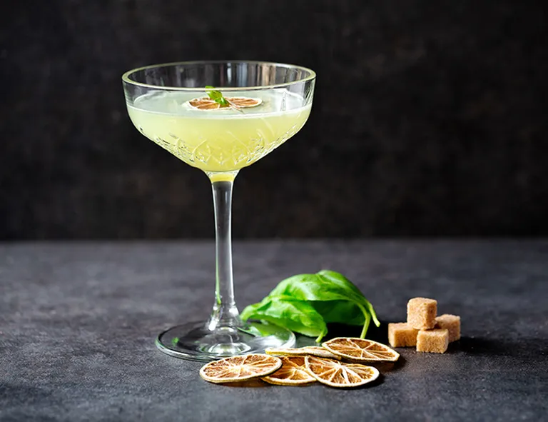 Cocktail mit Basilikum und getrockneten Zitrusfrüchten stilvoll serviert