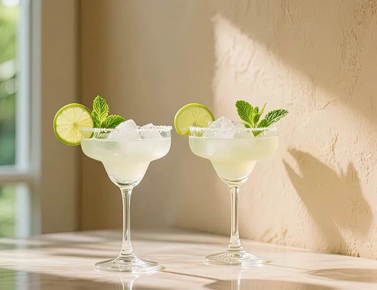 Zwei Margaritas mit Limettenscheiben, Minze und Salzrand auf einem Tisch