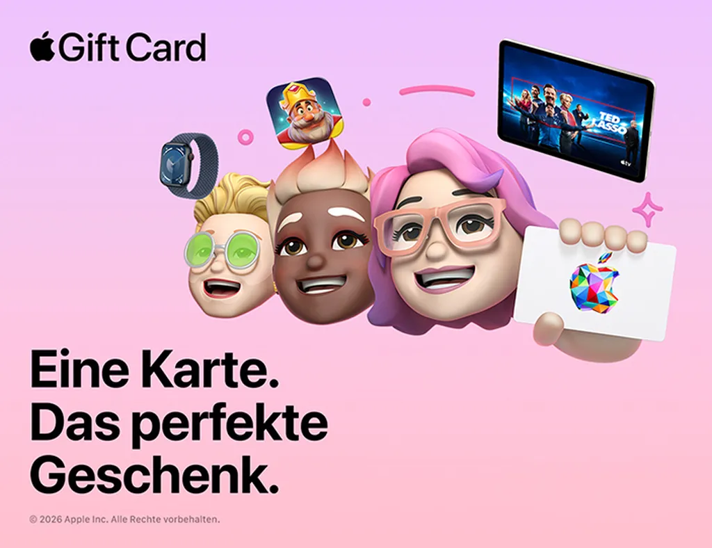 Illustration von Apple Avataren, mit Apple Giftcard in der Hand. der Hintergrund ist ein Verlauf von Helllila zu hellem Pink, außerdem sieht man eine Applewatch, ein Handyspiel-Icon, sowie ein I-Pad mit Ted Lasso