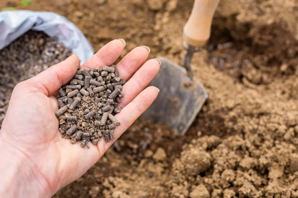 Eine Hand hält Pellets aus organischem Dünger über den Boden, daneben liegt eine Kelle.