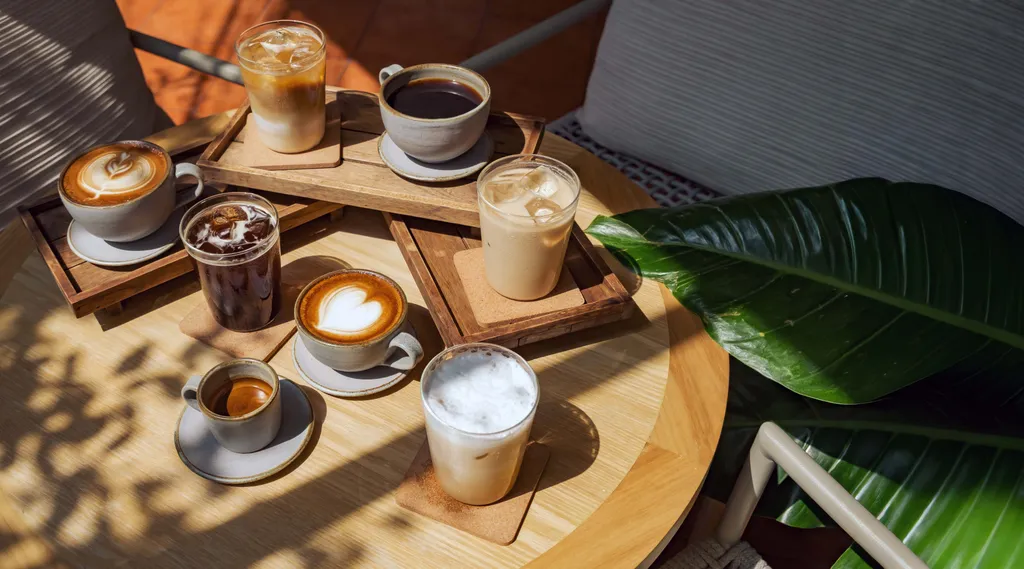 Verschiedene Kaffeevariationen wie Espresso, Cappuccino, schwarzer Kaffee und Eiskaffee auf einem Tisch