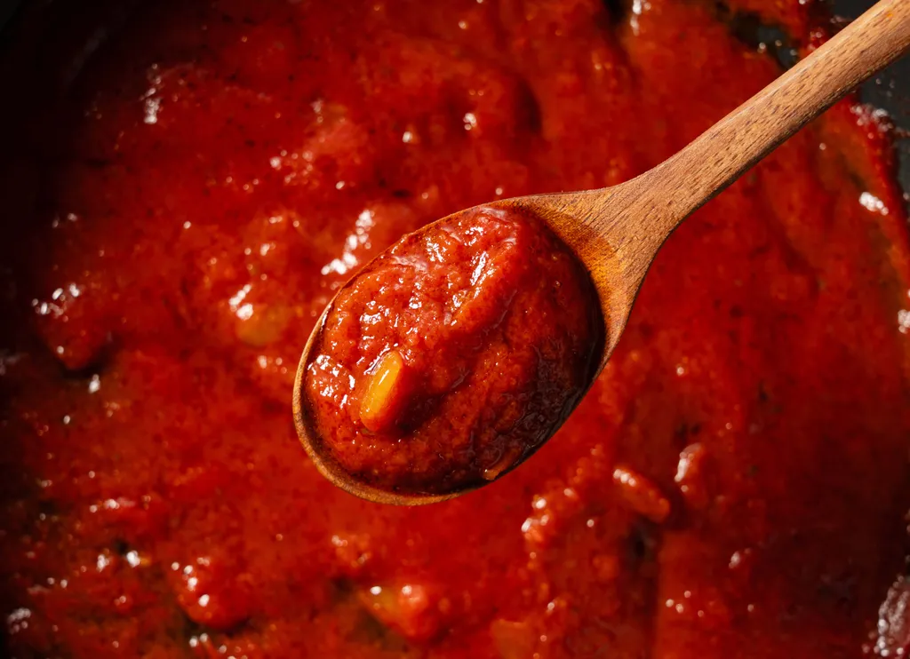 Frisch gekochte italienische Tomatensauce mit Stückchen von Tomaten auf einem Holzlöffel