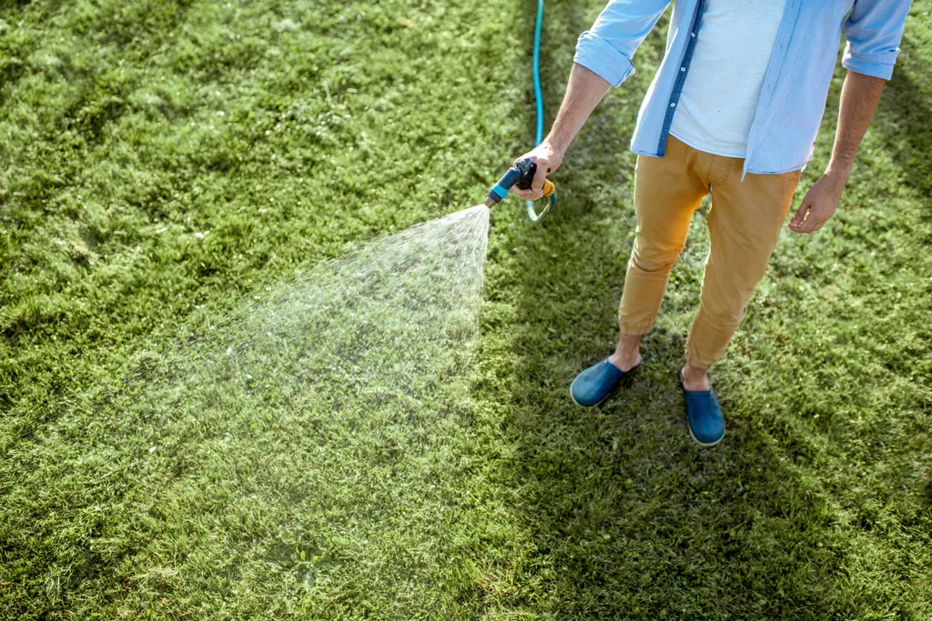 Eine Person in Freizeitkleidung, die an einem sonnigen Tag mit einem Gartenschlauch einen grünen Rasen bewässert.