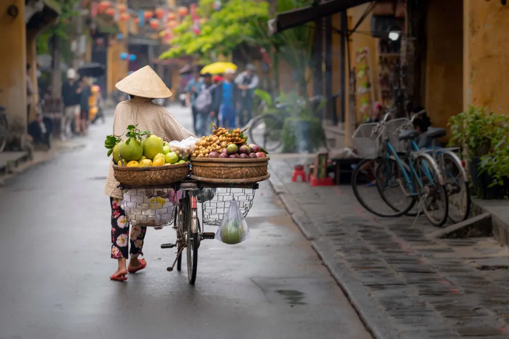 Straßenhändlerin mit Fahrrad voller Obst und Gemüse in einer historischen Gasse in Vietnam