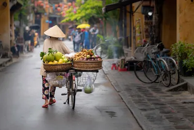 Straßenhändlerin mit Fahrrad voller Obst und Gemüse in einer historischen Gasse in Vietnam