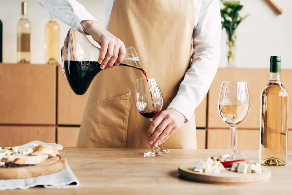 Eine Person beim Einschenken von Rotwein aus einem Dekanter im ein Rotweinglas